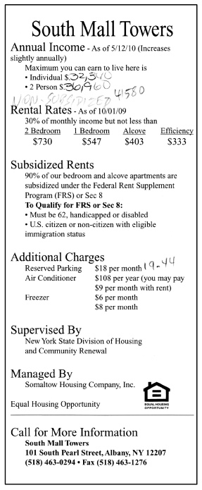 South Mall Towers rental rates and income restrictions